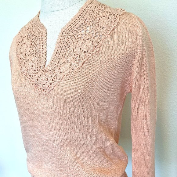 NET 70's "Organically Grown" Pastel Peach Pullover Crochet Vneck Sweater - Large - Picture 4 of 10